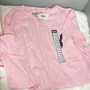 PLAYBOY Pink Tee with Black Bunny and Vertical Text
